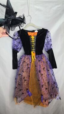 Light Up Witch Costume With Head Band Hat Girls L Purple Orange Halloween Dress